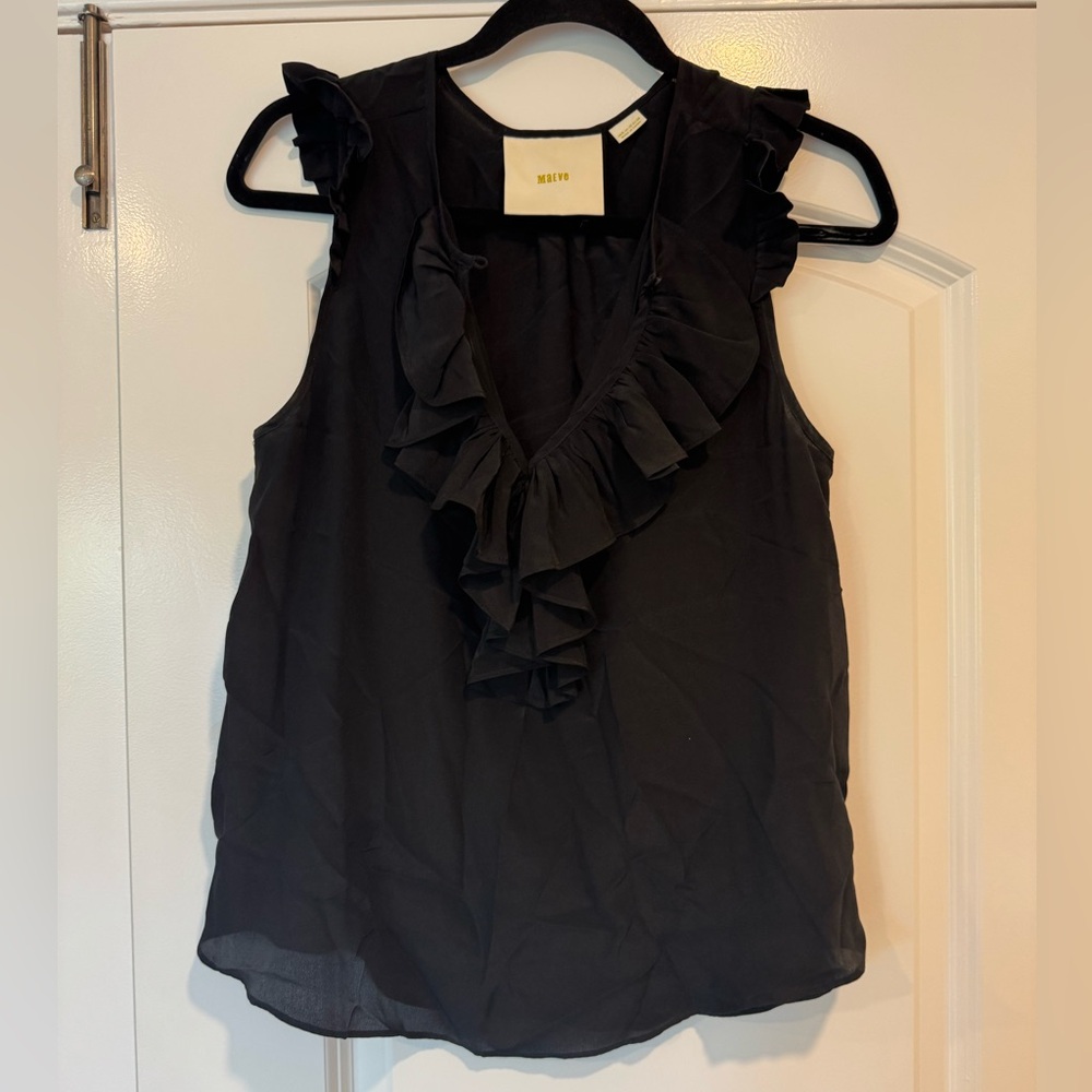 NWOT Maeve Silk Black Ruffled Keyhole Sleeveless Top